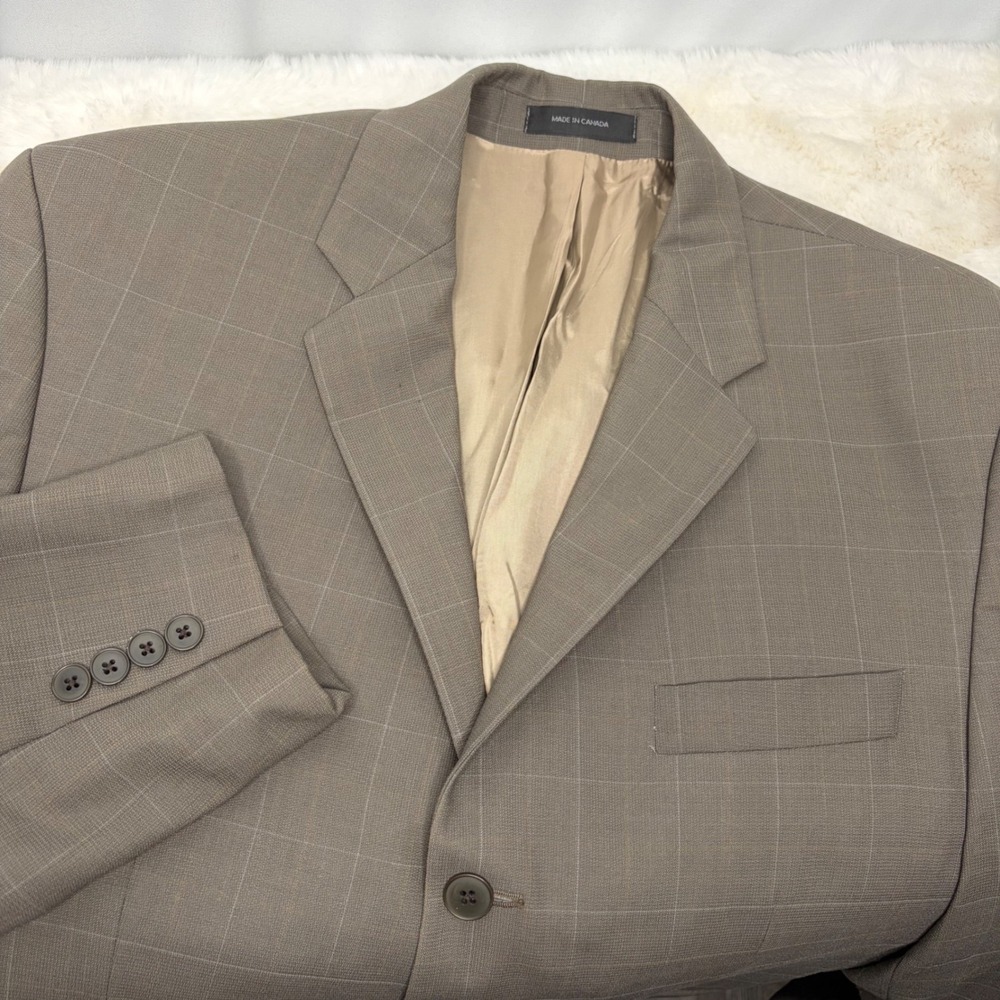 DKNY Mens‎ 42R Blazer Brown Windowpane Pure New Wool 3 Button Sport Coat Vintage
